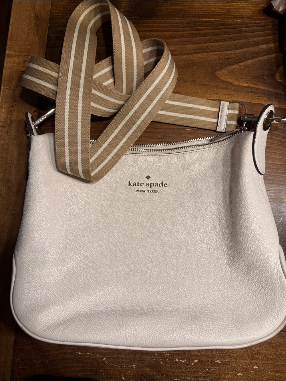 kate spade Ivory Pebble Leather Shoulder Bag with Striped Tan Strap